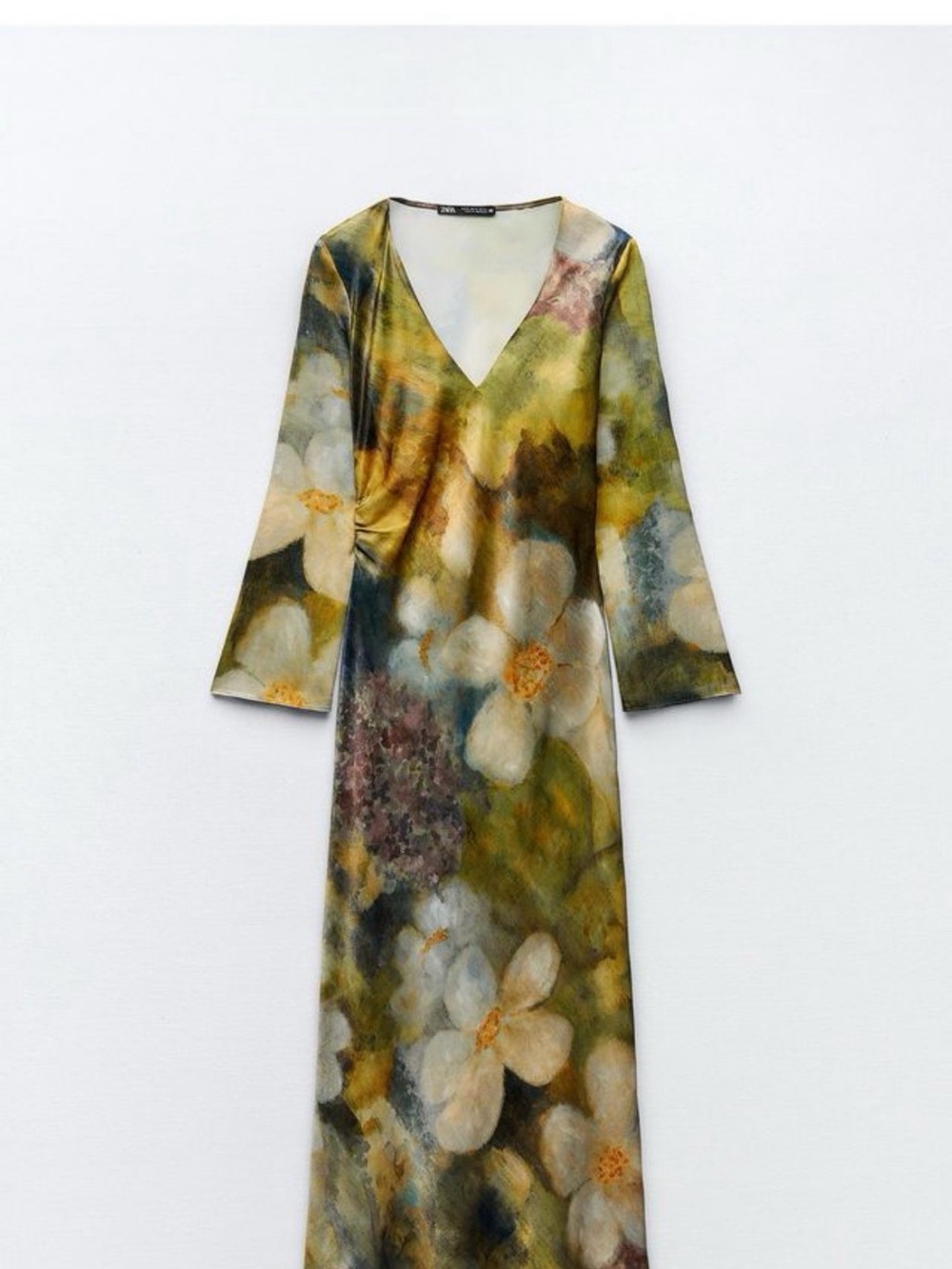 Zara Olive Green Floral V-Neck Maxi Dress